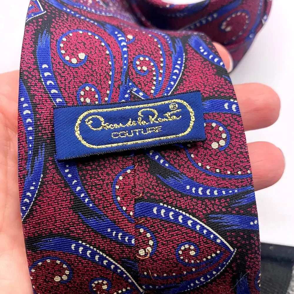 Oscar de la Renta Couture Silk Tie Paisley Pattern Burgundy Blue